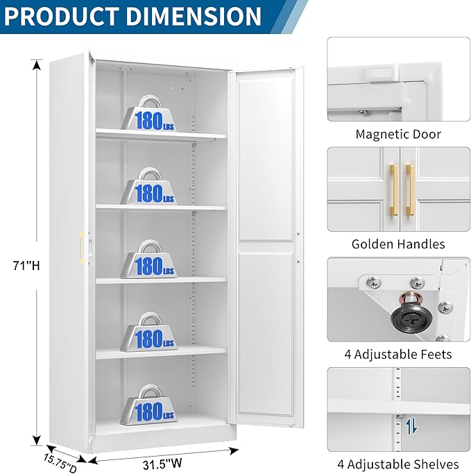 71" Metal Storage Cabinet with 4 Adjustable Shelves, White & Gold Tall Kitchen Pantry Cabinet, 180 lbs Load Per Shelf, Heavy Duty Steel Utility Organizer, Magnetic Catch