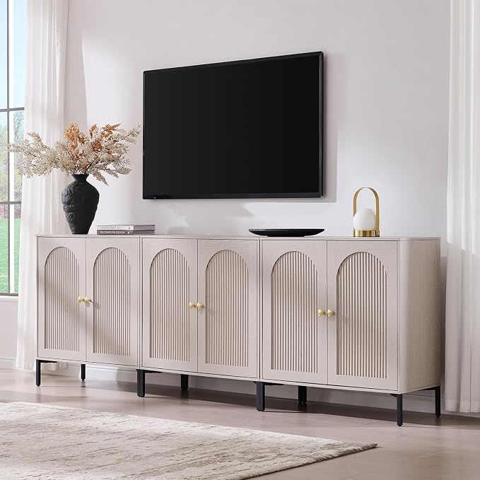 IFGET Modern Buffet Cabinet with Storage, 92.63" Fluted Arched Sideboard Cabinet w/Adjustable Shelves, Wooden Modular Coffee Bar for Dining Room, Kitchen, Living Room, Entryway, Light Grey