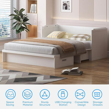 PUREMIND Murphy Bed Queen, X-Farmhouse Frames Cabinet Beds Chest with Charging Station & Storage Drawers, Convertible Hideaway Cabinet Bed for Guest Room, White, Without Mattress