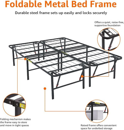 Amazon Basics Foldable Metal Platform Bed Frame with Storage Space, Sturdy Steel, No Box Spring Needed, 18 Inches High, Tool-Free Setup, Noise Free, King Size, Black