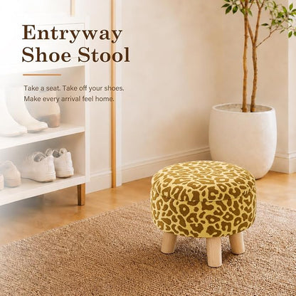 Wimarsbon Storage Ottoman, Modern Round Footrest with Soft Padded Seat, Pattern Velvet Footstool with Wood Legs, Accent Small Table or Plant Stand for Hallway, Living Room (Yellow)