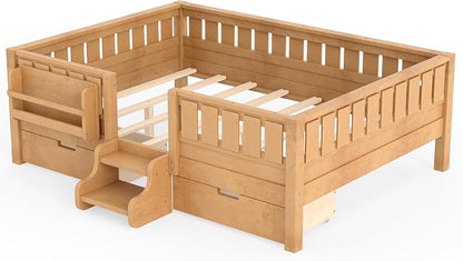 Bellemave Full Floor Bed with Stairs, Rails and Slats, Full Size Montessori Floor Bed with Bookshelf and 2 Storage Drawers, Easy Assemble Montessori Beds Frame for Girls, Boys, Deep Natural