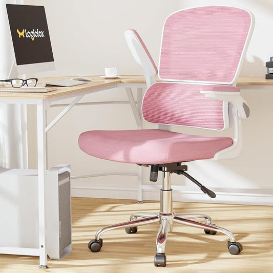Office Chair, Ergonomic Desk Chair - Thick Cushion Adjustable Height Computer Chair with Lumbar Support and Flip-up Armrests, Pink Home Office Desk Chairs, Swivel Executive Task Chair…