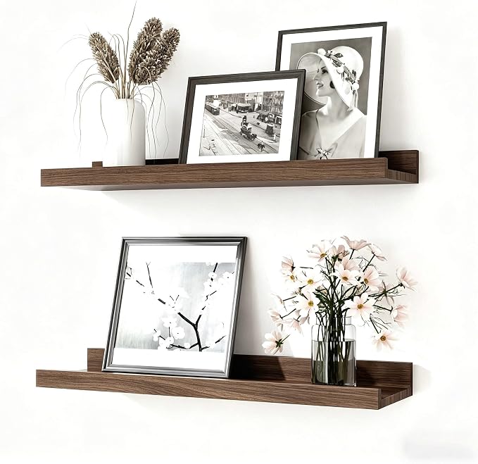 Floating Shelves for Wall Decor, Wall Mounted Wood Storage Shelf for Bedroom, Living Room, Bathroom, Kitchen, Nursery, Display Picture Ledge Shelf with Lip Set of 2-14 Inches, Walnut