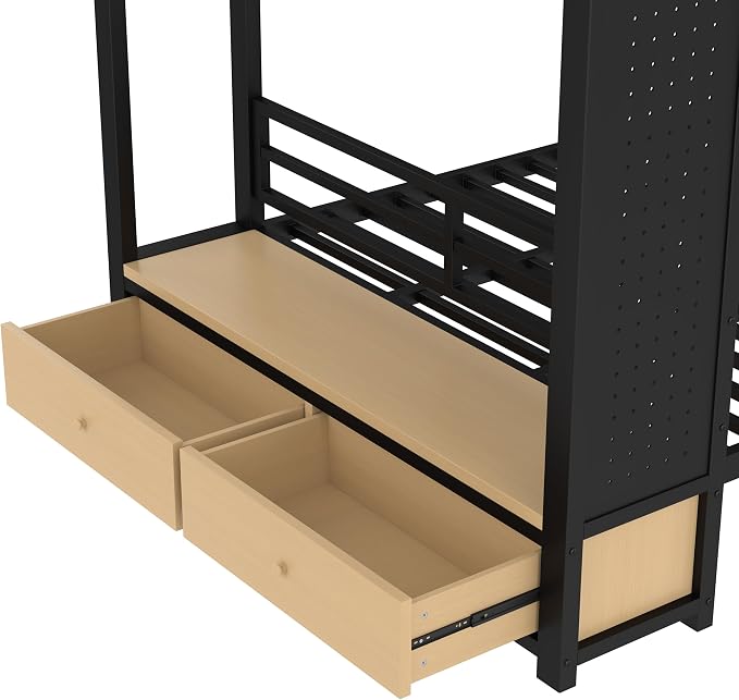 DNYN Full Over Full Metal Bunk Bed with 2 Drawers and Built-in Wardrobe for Teens Bedroom/Dorm/Staff Housing, Space-Saving Bed Frame with Storage Shelves and Pegboard, No Box Spring Needed
