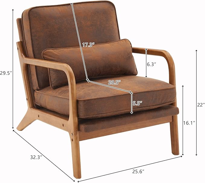 Bonnlo Microfiber Rustic Mid Century Modern Accent Chair, Soild Wood Padding Lounge Armchairs Side Sitting Chairs for Living Room, Bedroom, Guest Room