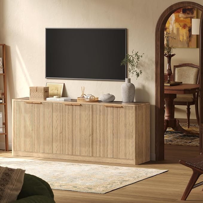 Evermagin 67" Fluted Oak Buffet Cabinet Sideboard with Storage, Large Credenza with 6 Doors, Wood Mid Century Modern Sideboard for Kitchen and Living Room (67"*31.5"*15.7")