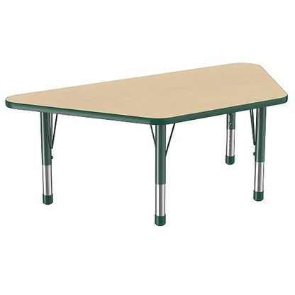 FDP Trapezoid Activity School and Classroom Kids Table (30 x 60 inch), Chunky Toddler Legs for Collaborative Seating Environments, Adjustable Height 15-24 inches - Maple Top and Green Edge