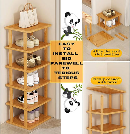 SAN HE Bamboo Shoe Rack 5Tier- Vertical Shoe Rack for Small Spaces, Tall Narrow Shoe Rack Organizer for Closet Entryway Corner Garage and Bedroom,Skinny Shoe Shelf with Free Stackable DIY