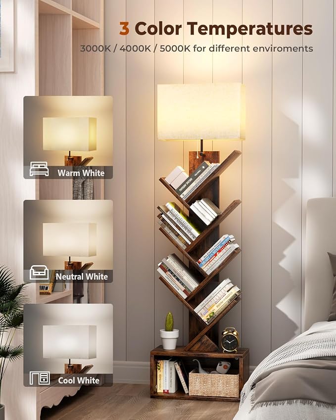 Evermagin 6 Tier Tree Bookshelf with Light, Narrow Bookcase Tower, Tall Floor Standing Book Organizer with Storage Cabinet for Living Room, Bedroom and Home Office, Rustic Brown