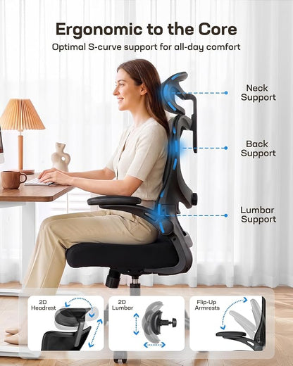 HUANUO Ergonomic Office Chair, High Back Computer Desk Chair with Adjustable Lumbar Support and Headrest, Comfy Gaming Chair with 3D Armrests, Home Office Rolling Chair, Max Load 300 lbs