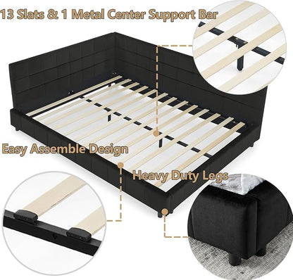 Bellemave Queen Size Corner Bed Frame with Comfortable Backrest and Armrests, Velvet Tufted Corner Bed Frame Queen Size, Upholstered Daybed for Bedroom, Living Room, Guest Room, Black