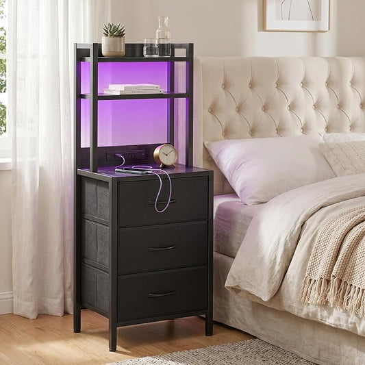 Fixwal 41 Inch Tall Nightstand with Charging Station, 3 Fabric Storage Drawers and Shelves, Led Night Stand with U-S-B Port & Socket, Bedroom Dorm Office, Bedside Table & Bookshelf in One, Black