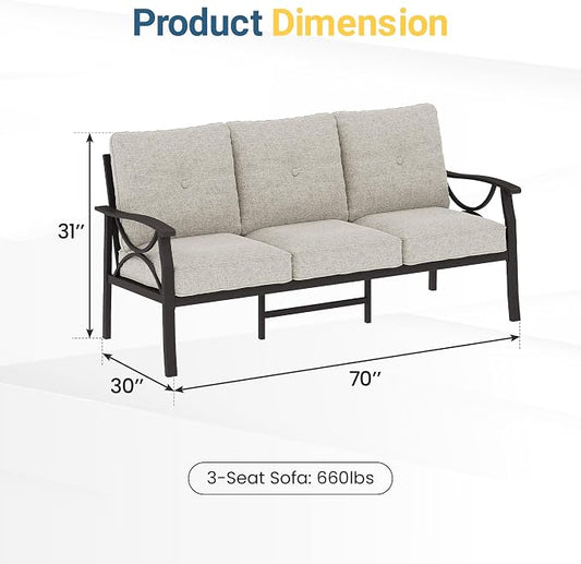 RoyalCraft Patio 3 Seats Sofa, All-Weather Outdoor Couch, Patio Furniture Sofa, Khaki Metal Chair with Beige Cushions