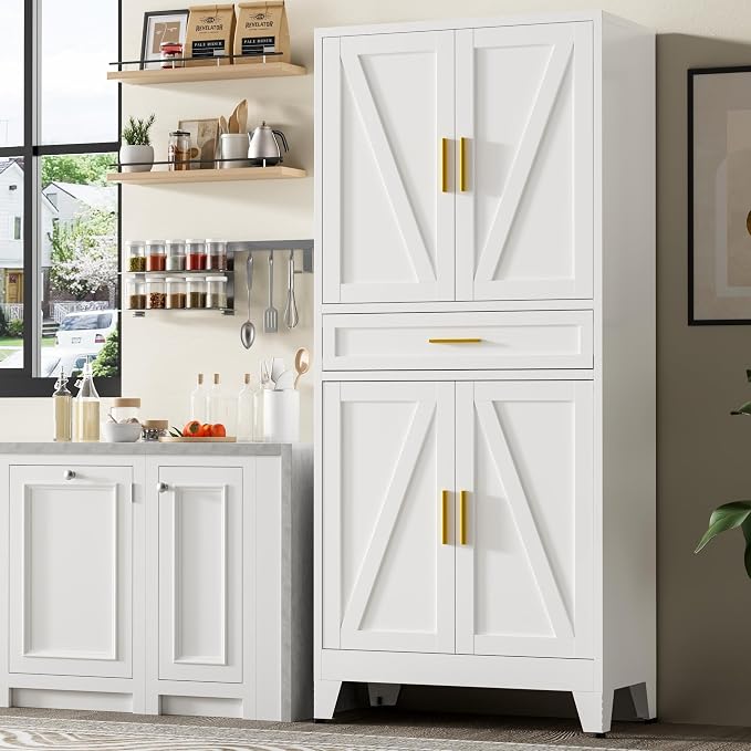 Baborokic 71" Tall Metal Storage Cabinet with Adjustable Shelves,Farmhouse Kitchen Pantry Cabinet with 2 Barn Doors and Drawer,Large Storage Cabinets for Dining Room,Office,Kitchen(White)