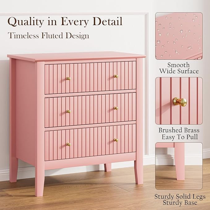 Night Stand, Fluted 3 Drawer Wide Farmhouse Nightstand with Gold Handle, Modern Wooden Bedside End Table for Bedroom, Living Room, Pink