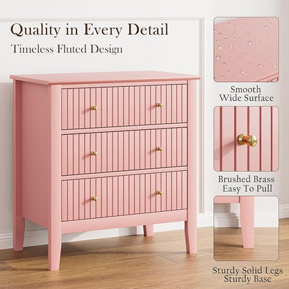 Night Stand, Fluted 3 Drawer Wide Farmhouse Nightstand with Gold Handle, Modern Wooden Bedside End Table for Bedroom, Living Room, Pink
