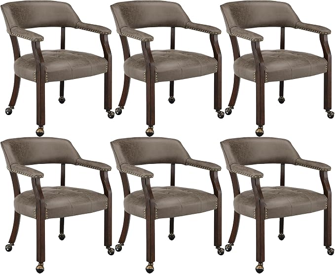LEEMTORIG Set of 6 Dining Chairs with Casters and Arms, Rolling Dining Chairs with Wheels for Elderly, Ergonomic Wide Seat Wooden Office Chairs, 26"Dx25.2"W, Espresso Legs&Dark Brown Fabric SY-318-DK