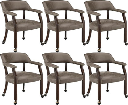 LEEMTORIG Set of 6 Dining Chairs with Casters and Arms, Rolling Dining Chairs with Wheels for Elderly, Ergonomic Wide Seat Wooden Office Chairs, 26"Dx25.2"W, Espresso Legs&Dark Brown Fabric SY-318-DK