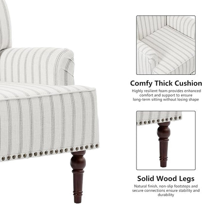 Accent Chair, Mid Century Modern Comfy Armchair for Living Room, Linen Fabric Single Sofa Lounge for Reading Bedroom Apartment Waiting Room with Wood Legs (Pinstripe Grey, Set of 1)