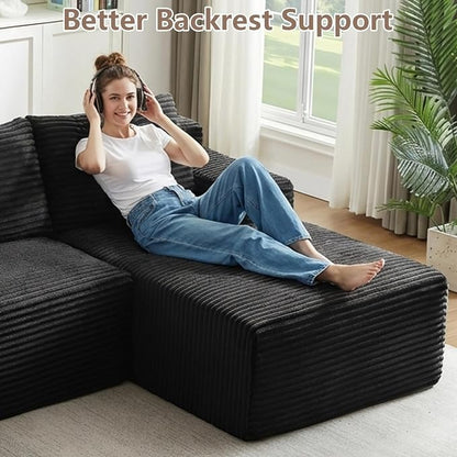 96" Cloud Sectional Couch U-Shaped Chaise with Ottoman, Corduroy Boneless Couch for Living Room Bedroom, Deep-Seat Upholstered Modular Cloud Sofa, No Assembly Required (Black, Right Facing Chaise)