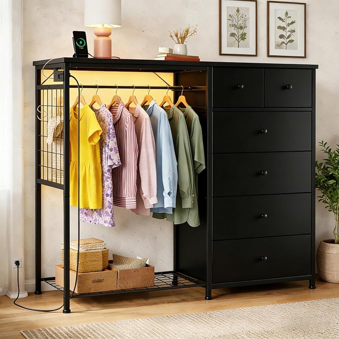 Simple Deluxe Storage Clothes Rack with 6 Drawers, Charging Station & LED Lights, Fabric Chest Shelves Clothing Rack, Wooden Portable Wardrobe Closet, 49.2" W x 15.7" D x 47.2" H, Black