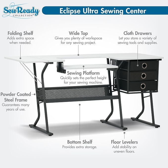 Sew Ready Eclipse Hobby Sewing Table, 60.25 x 23.75" Overall Platform Size with Large Lower Storage Drawer, 2 Side Shelves & Cloth Drawer, Black/White