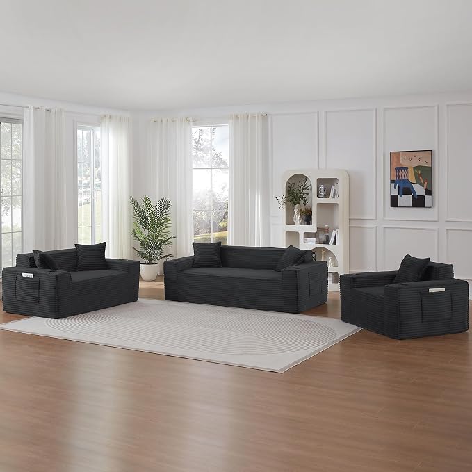 3 pcs Boneless Living Room Couch Set, Boneless Sofa Couches with Cup Holder for Compact Living Rooms, Apartments (Deep Gray, Single Chair + Loveseat+ 3 Seat Sofa)