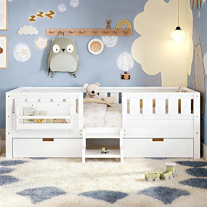 Bellemave Twin Bed with Storage Drawers & Bookshelf, Low Profile Kids Bed Frame with Staircase & Full Length Guardrails, Solid Wood Twin Bed for Kids with Slats Load 300LBS, Easy Assembly, White