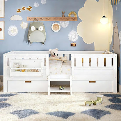 Bellemave Twin Bed with Storage Drawers & Bookshelf, Low Profile Kids Bed Frame with Staircase & Full Length Guardrails, Solid Wood Twin Bed for Kids with Slats Load 300LBS, Easy Assembly, White