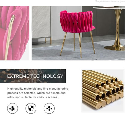 Velvet Dining Chairs Set of 2, Modern Upholstered Dining Room Chairs with Golden Metal Legs and Woven Backrest for Dining Room, Kitchen, Vanity, Living Room (Rose Red)