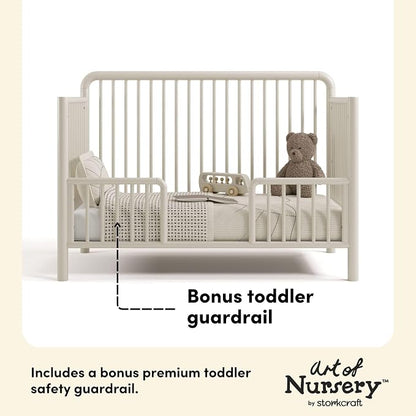 Storkcraft Porto 5-in-1 Convertible Crib with Toddler Guardrail – GREENGUARD Gold Certified, Toddler Bed Conversion Kit Included, 100% Solid Wood, Fits Standard Baby Crib Mattress (Frosted Oat)
