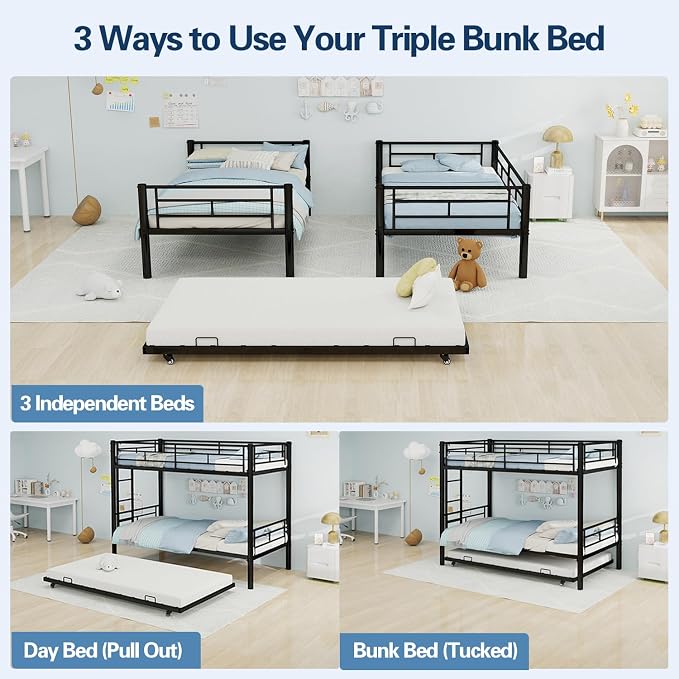 Metal Bunk Bed with Trundle, Space-Saving Bunk Bed Twin Over Twin with Ladders and Safety Guardrail, Heavy Duty Twin Bed Frames, No Box Spring Needed and Noise Free(Black)