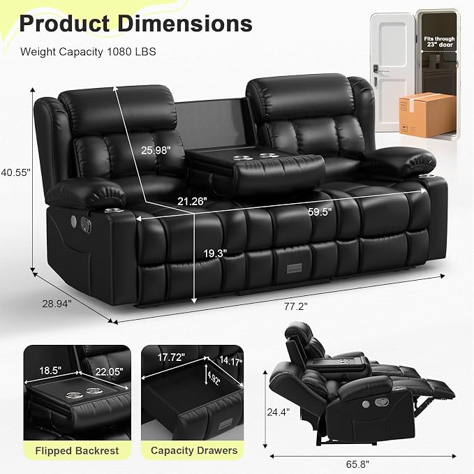 RV Loveseat Recliner Sofa, 3 Seater Reclining Sofa with Flip Back Console, Modern Reclining Couch with USB Ports, Cup Holders, Insert Pockets, RV Recliners for Travel Trailers & Living Room