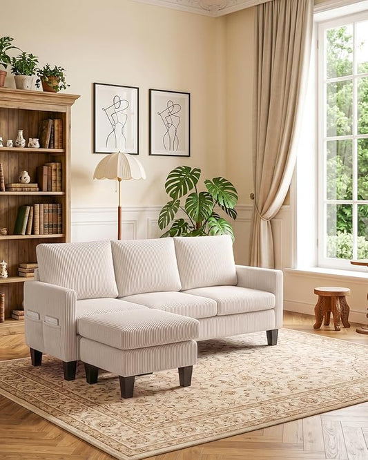 Karl home 67" Small Sectional Couch L Shaped Sofa, Beige | Movable Storage Ottoman, Corduroy Upholstered, Sofa Chaise, Side Pockets 5.9" Sofa Legs for Living Room, Apartment, Studio
