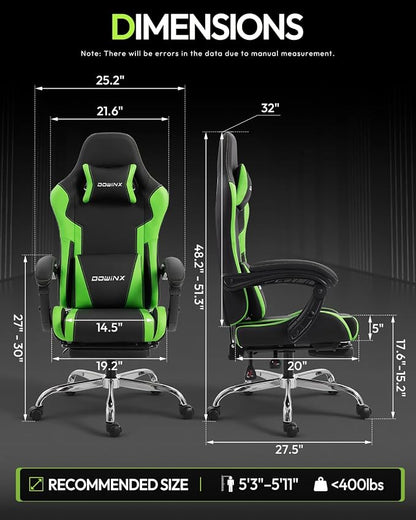 Dowinx Ergonomic Gaming Chair with Footrest & Massage Lumbar, 2D-Linkage Armrests for Computer Chair 330lbs with Headrest Pillow for Office, Home, Streaming and Long Gaming Sessions, Green