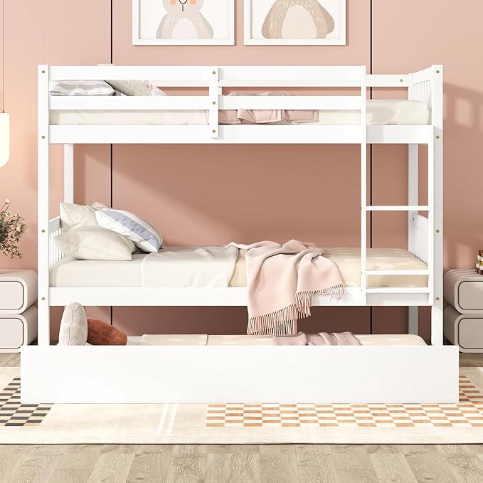 Bellemave Twin Over Twin Bunk Bed with Trundle,Convertible Bunk Beds with Ladder & Safety Guardrails,Twin Size Bunk Beds for Kids Girls Boys,White