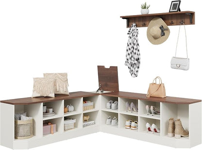 DWVO 61" L-Shaped Shoe Rack with Bench and Hooks, Corner Shoe Cabinet with Hidden Storage, Coat Rack & Seating for Entryway, Hallway, Bedroom, 61" D x 61" W x 18" H, White & Walnut