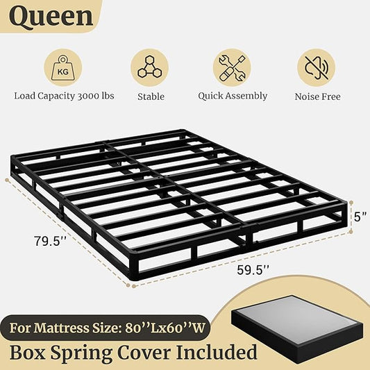 Awesofurni Box Spring for Queen Bed, 5 Inch Low Profile Queen Box Spring Only Bed Base, Heavy Duty Metal Frame Mattress Foundation with Fabric Cover, Easy Assembly-Noise Free