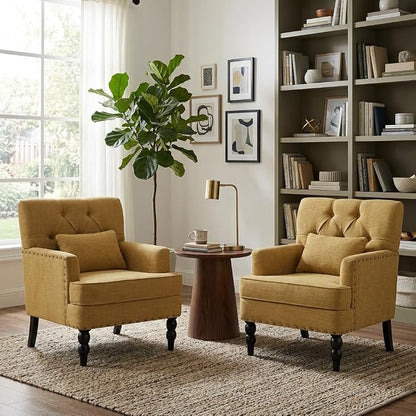 HUIMO Set of 2 Accent Chairs for Living Room, Tufted Upholstered Club Chairs with Lumbar Pillows, Vintage Reading Armchairs with Solid Wood Legs for Bedroom Apartment, Mustard Yellow