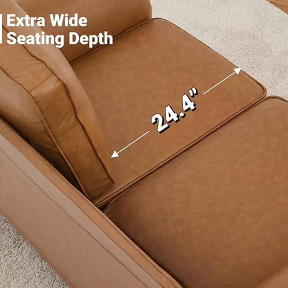 Kingfun Loveseat 2 Seater Couch, Mid Century Modern Faux Leather Sofa with Rolled Arms and Deep Seats, Fluffy Comfort for Living Room, Apartment, Easy Assembly, Brown