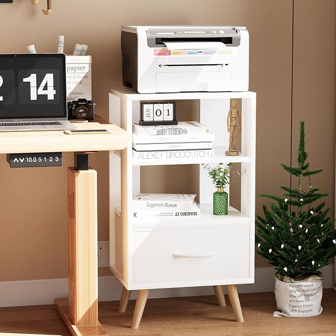 Aenuert Night Stand, White Nightstand with Drawer, Side Table with Open Storage, 3-Tier Modern End Table, Bedside Table for Small Space, Living Room, Bedroom
