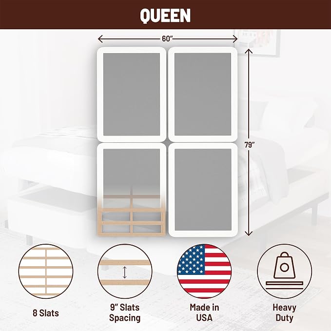 Treaton, 8-Inch Sturdy Wood Box Spring for Mattress Support - Durable and Fully Assembled, Natural Wood Foundation for Queen(New Version), White