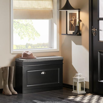 Haotian Shoe Storage Bench with Cushion, Black Narrow Shoe Rack for Entryway, Small Shoe Cabinet with Flip-Drawer, Closet Hallway Mudroom FSR82-L-SCH