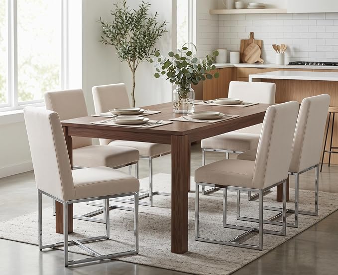 CIMOTA Modern Dining Chairs Set of 6, Upholstered Dining Room Chairs Armless Guest Side Chair with Chrome Base for Dining Room/Kitchen, Beige, 6PCS