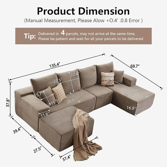 135" Modular Sectional Sofa with U Shaped Chaise, Upholstered Couches for Living Room with Deep Seat, No Assembly Required, Corduroy Cloud Couches, Camel(Right-Facing Chaise