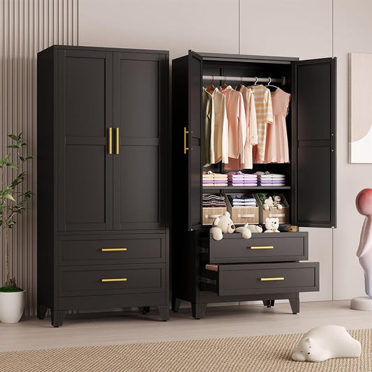 Metal Armoire Wardrobe Closet Storage Cabinet with 2 Doors Black, 71'' Wardrobe Cabinet with Hanging Rod Metal Closet with Adjustable Shelf and 2 Drawers for Bedroom, Laundry Room, Cloak Room
