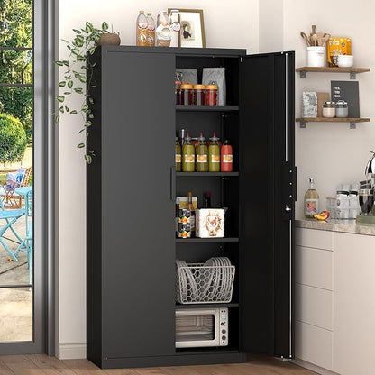 GREATMEET Metal Garage Storage Cabinet with 2 Doors and Shelves - 72" x 34" x 18" Steel Lockable File Cabinet, Black Locking Tool Cabinets for Office Home Garage Gym School