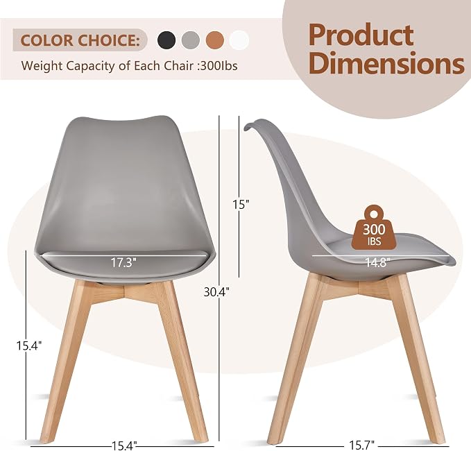 VECELO Dining Chairs Set of 4, Mid-Century Modern Kitchen & Dining Room Chairs, PU Leather Upholstered Seat, Solid Wood Legs, Armless, Non-Slip Feet, Grey