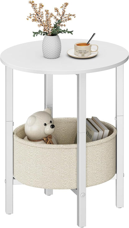 Vagusicc Round Side Table End Table with Storage Basket, Small Side Table Round Nightstand for Small Spaces, Tall Oval End Table with Steel Frame, Coffee Bedside Table for Living Room Bedroom, White